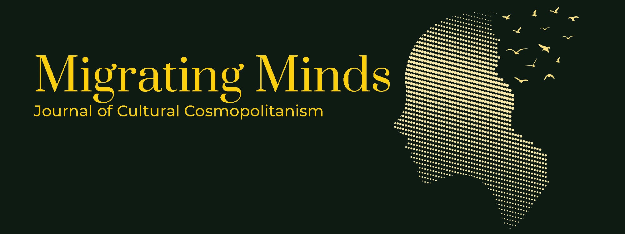 Migrating Minds Journal of Cultural Cosmopolitanism logo showing a face in profile using a halftone pattern with a flock of birds taking flight from the back of the head